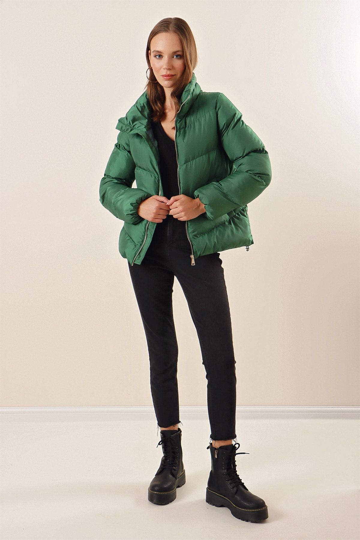 Bigdart-5205 Stand Collar Puffer Jacket with Zipper - Emerald Green 6