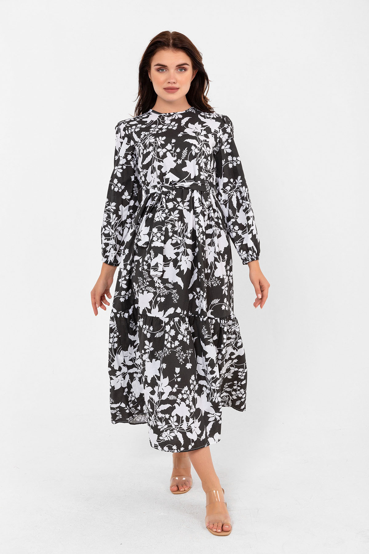Black Leaf Patterned Colorful Cotton Summer Spring Belted Dress 2101