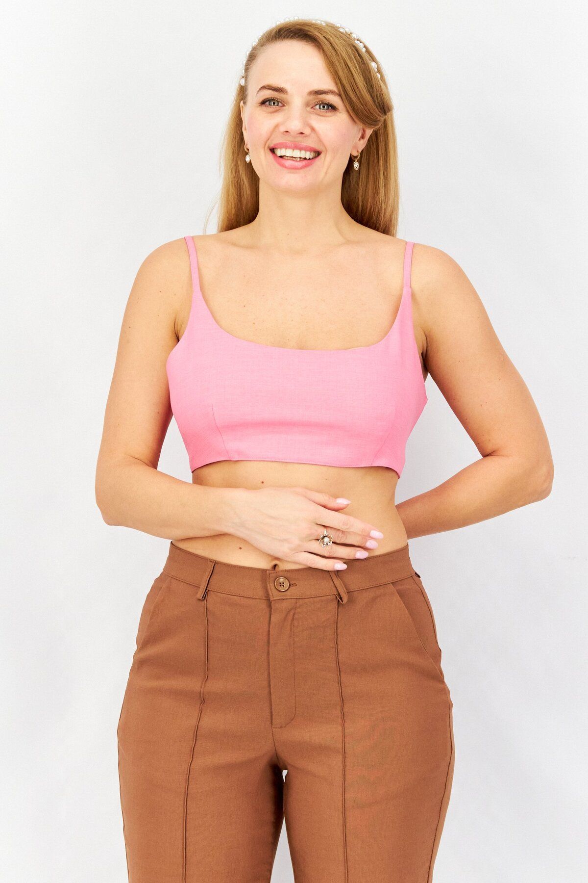 Asos Design-Women Scoop Neck Sleeveless Plain Crop Tops, Pink 1