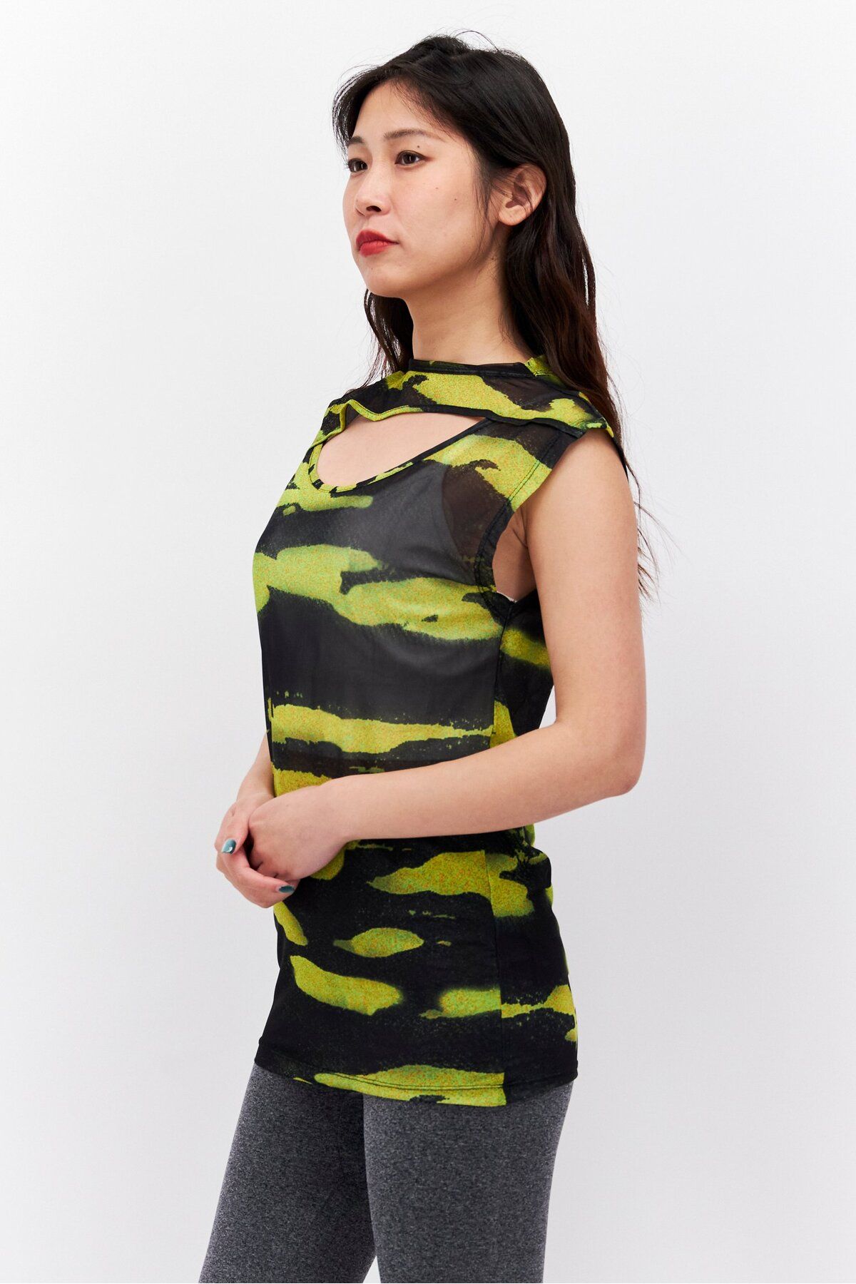 Asos Design-Women Crew Neck Sleeveless Allover print Top, Black/Lime 2