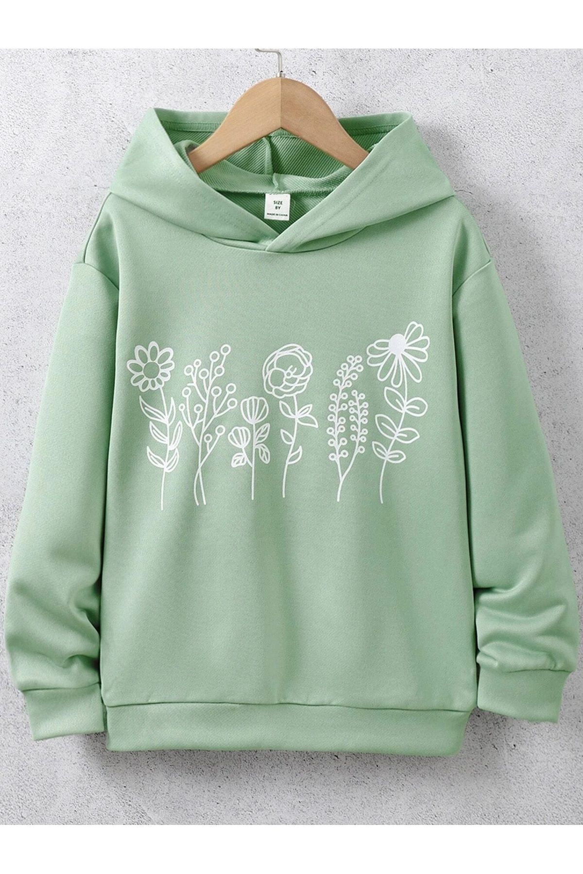 LePold-3 Thread Hooded Flower Drawing Printed Printed Oversize Girl Sweatshirt 1