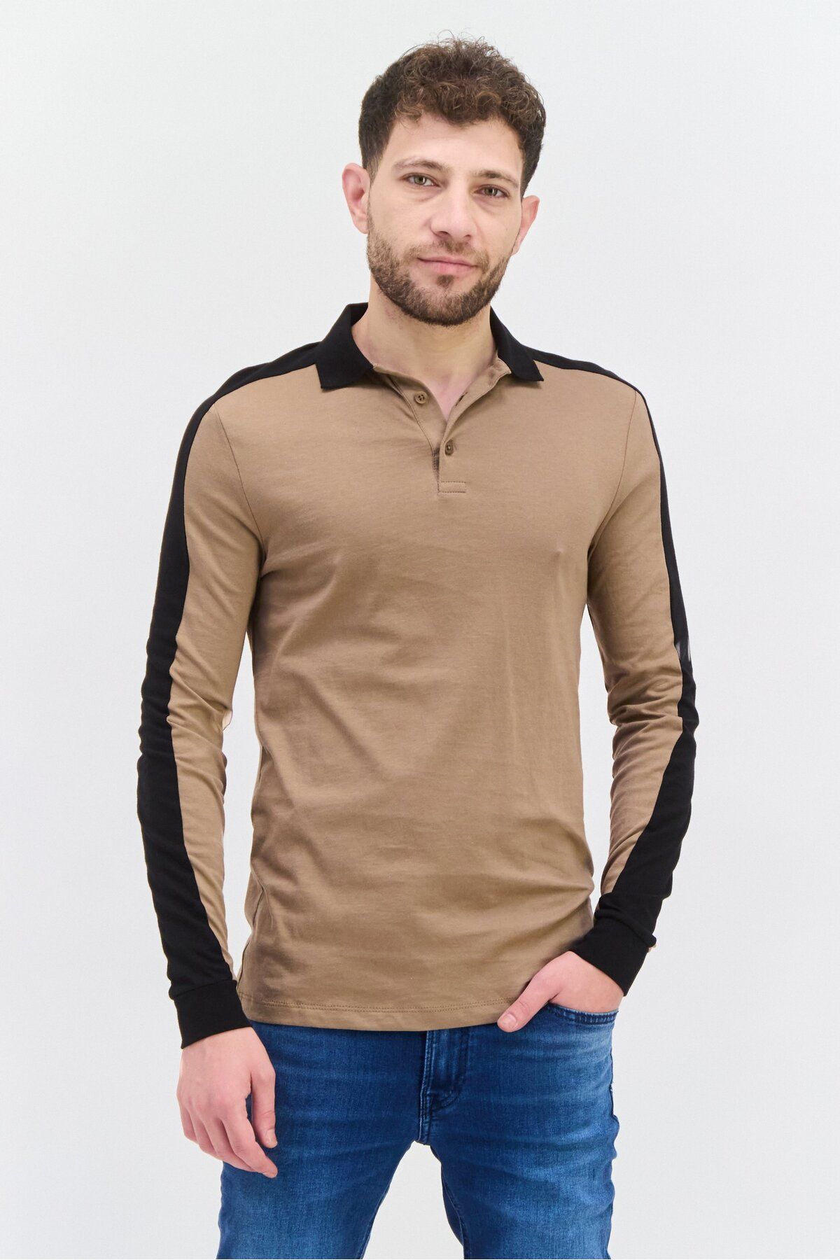 Asos Design-Men Regular Fit Color Block Full Sleeves Polo Shirt, Tan/Black 1