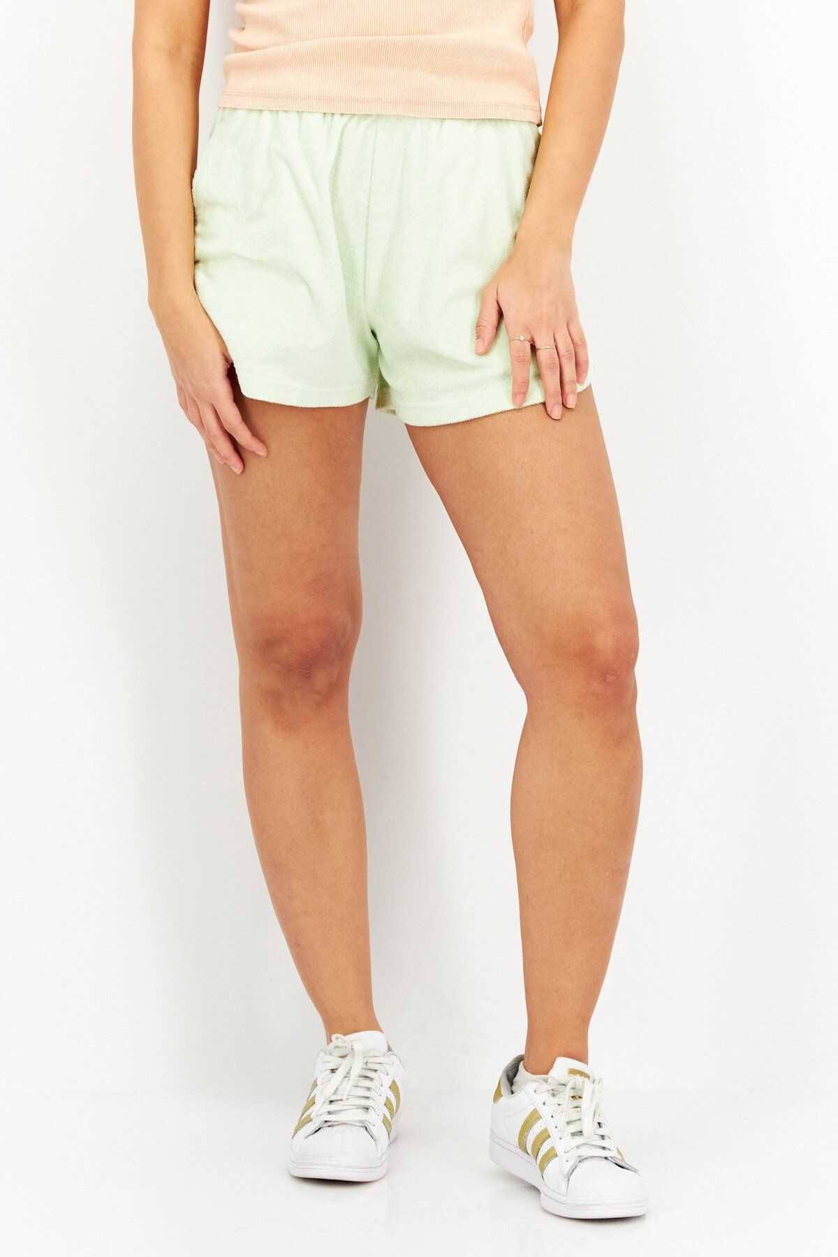 Vans-Women Embroidered Logo Towelling Shorts, Light Green 1