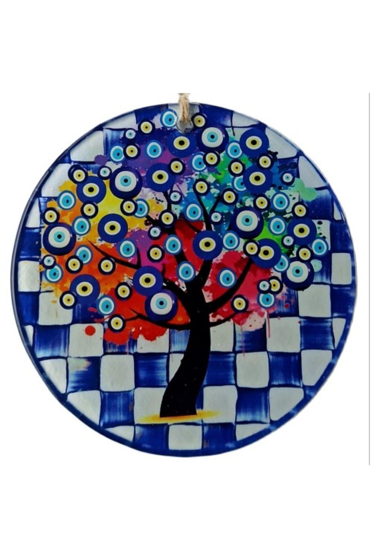 Mu Art Ahşap Dilek Ağacı Desenli Nazar Boncuklu Füzyon Cam Duvar Süsü
