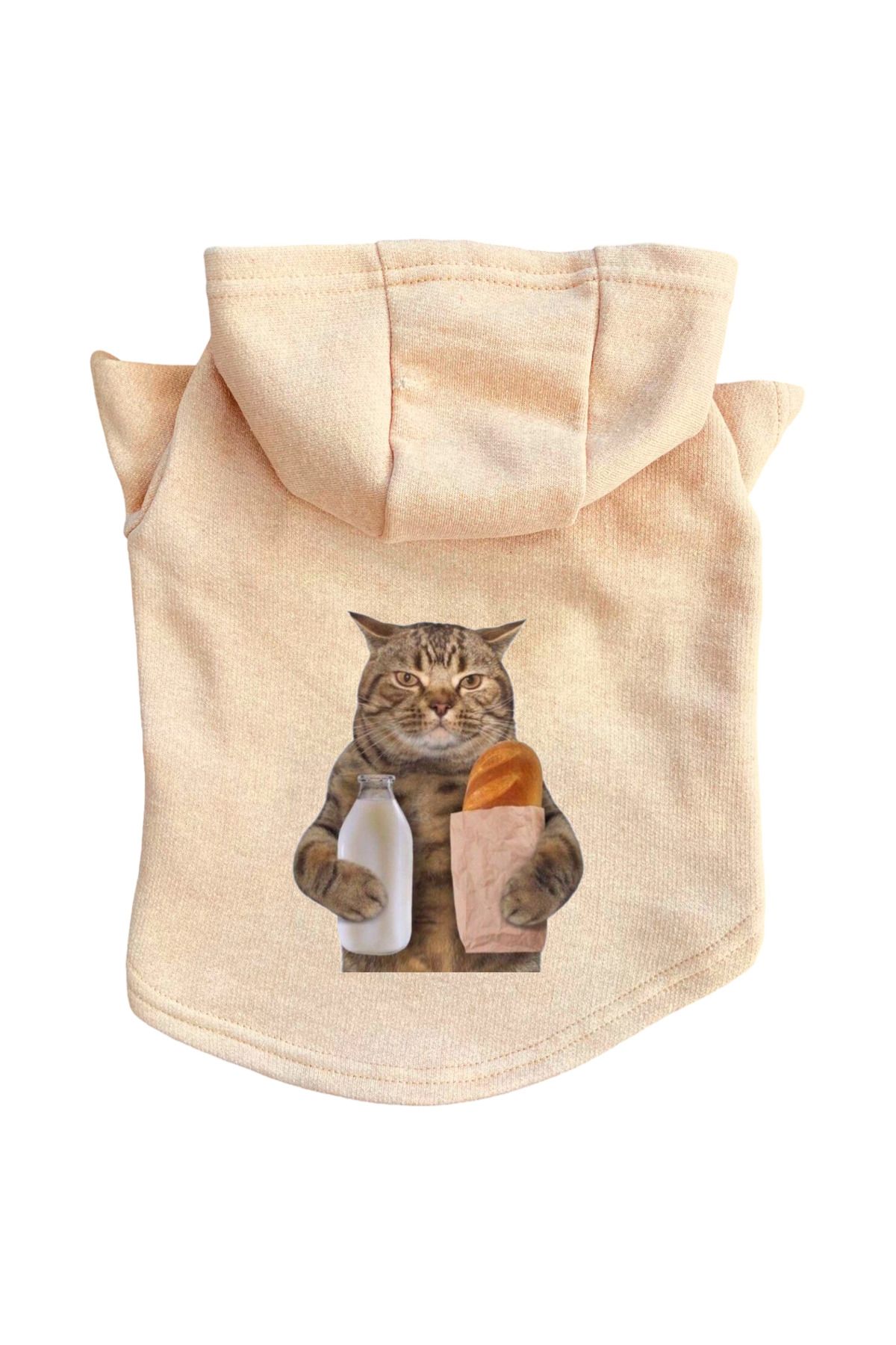 Kedi ve Köpek Kıyafeti Sweatshirt Hoodie Bej Rengi Gururlu Kedi Baskılı