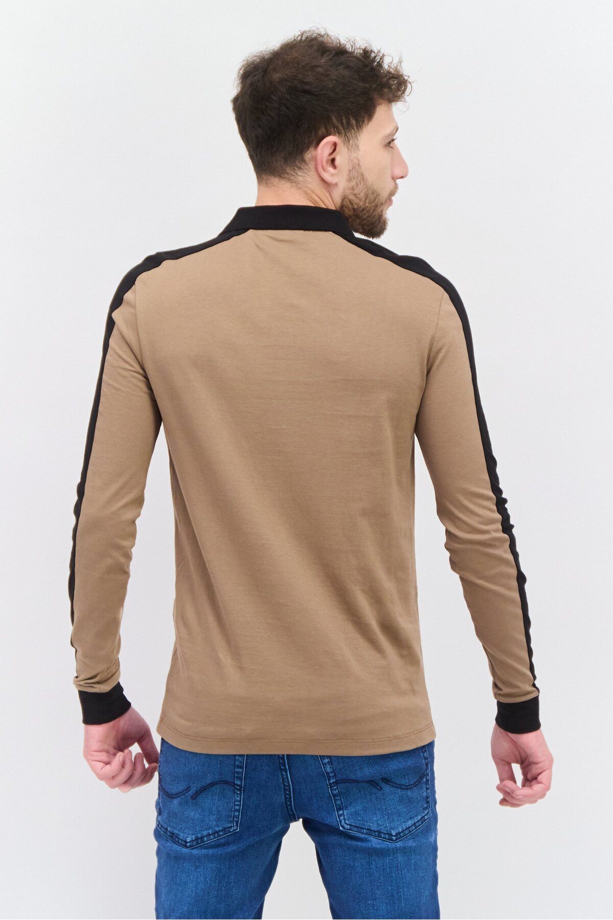 Asos Design-Men Regular Fit Color Block Full Sleeves Polo Shirt, Tan/Black 4