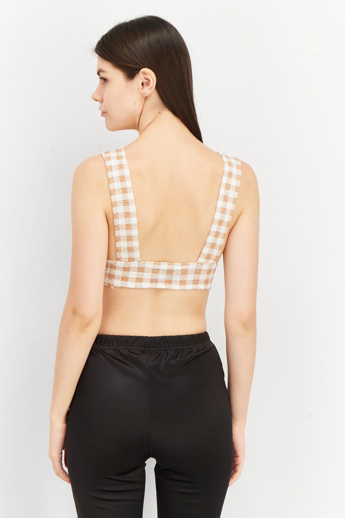 Asos Design-Women Plunging Neck Sleeveless Checkered Crop Top, Brown 3