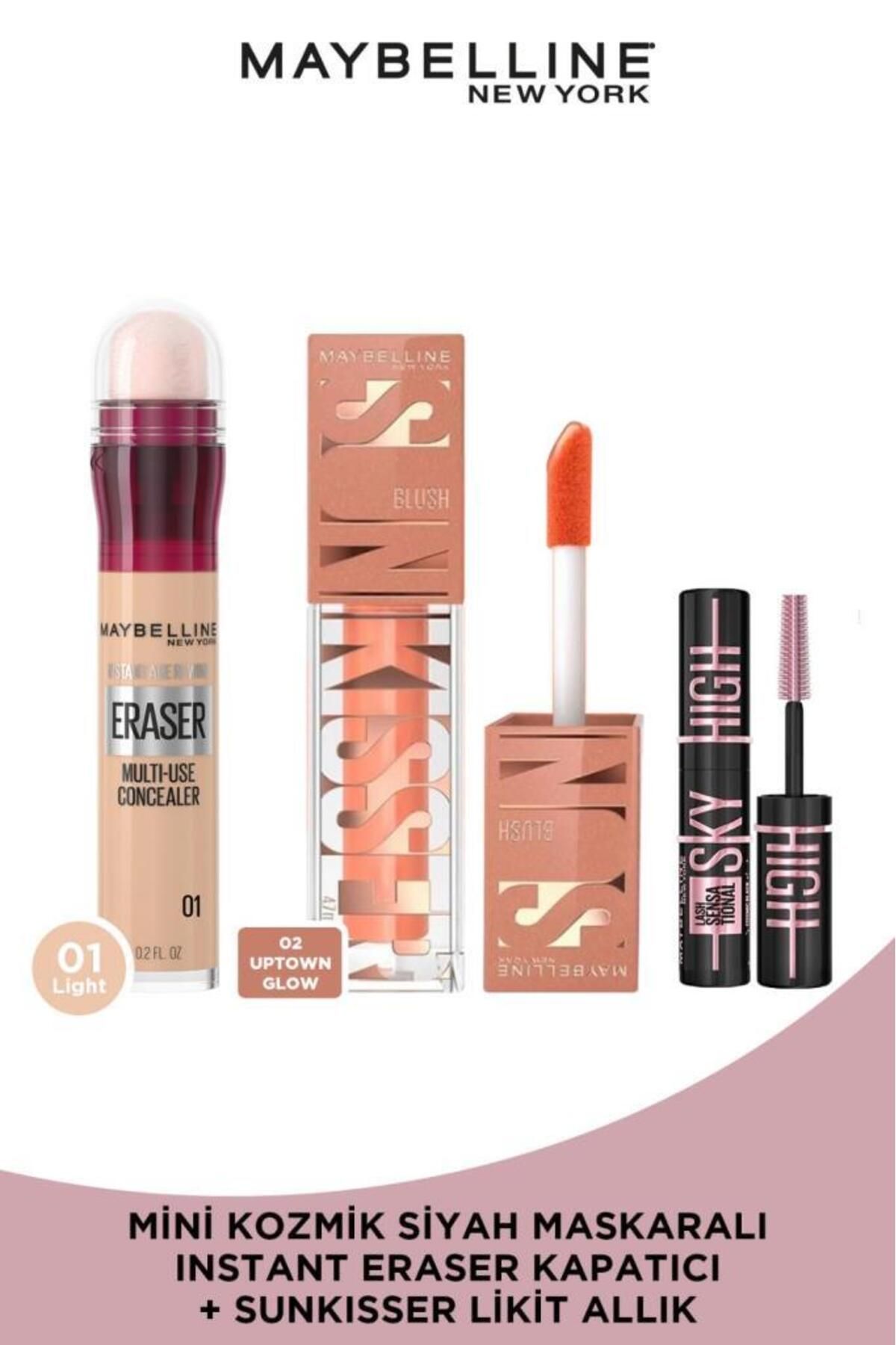 Instant Anti Age Eraser Kapatıcı 01 & Sunkisser Işıltılı Likit Allık 02 Uptown Glow & Mini Maskara