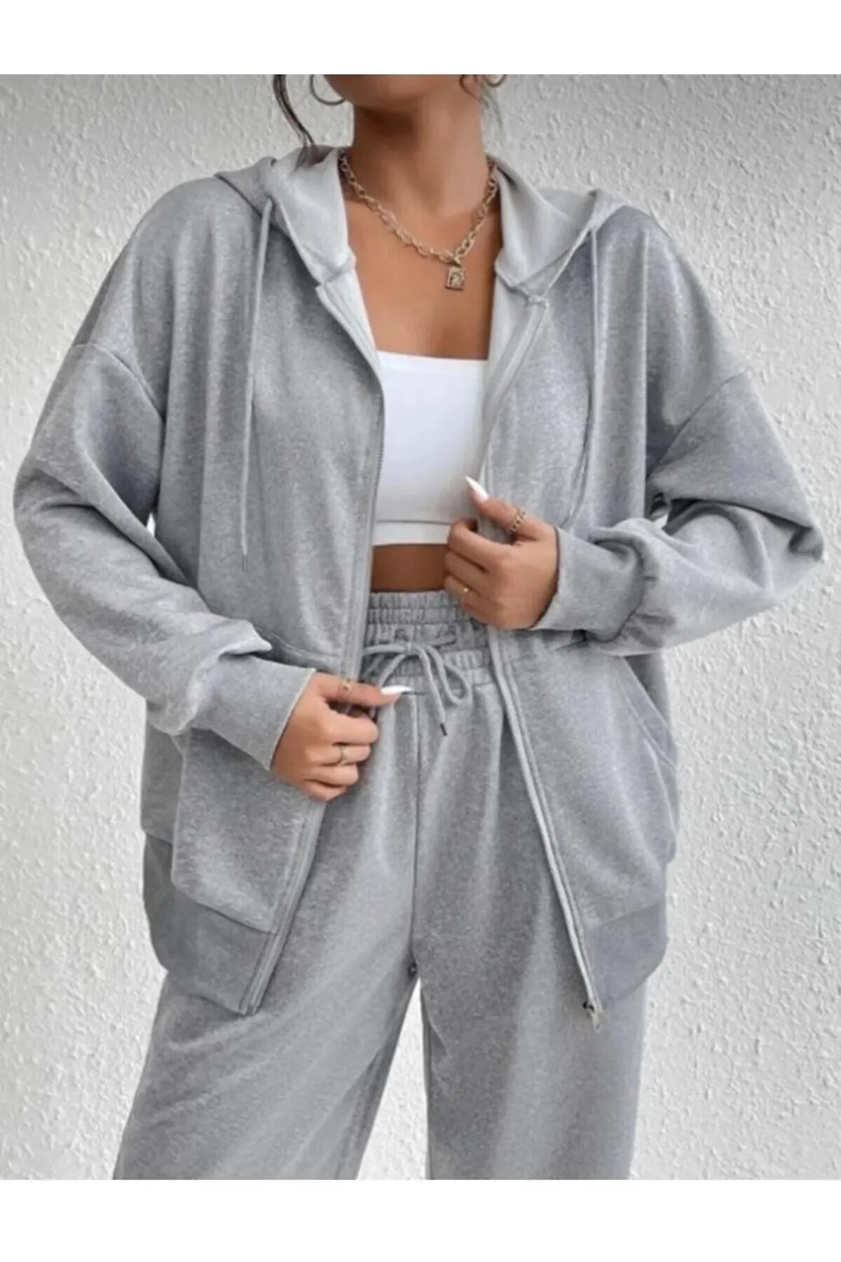 ALCİNOUS Unisex Kapüşonlu Fermuarlı Oversize SİYAH-GRİ 2'Lİ CEKET TAKIM görsel 5