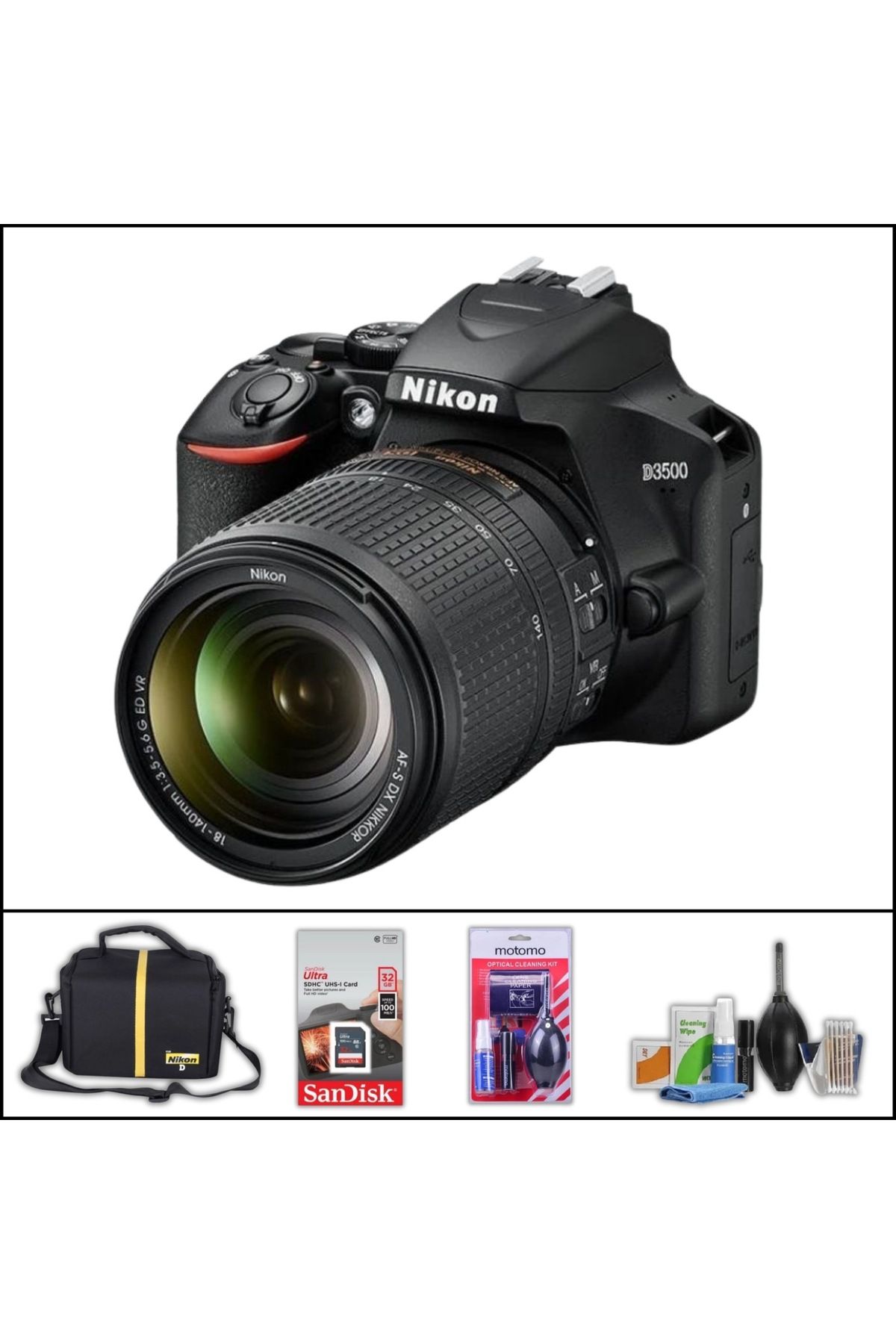 NİKON Nikon D 3500 +18-140 mm lens dslr fotoğraf makinesi (çanta+32 gb sd kart+temizlik kiti hediyeli)