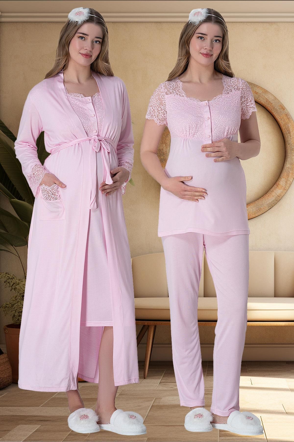 EM&FA TEKSTİL EM&FA 6065 Kırmızı Uzun Sabahlıklı Gecelik Pijama Lohusa Set