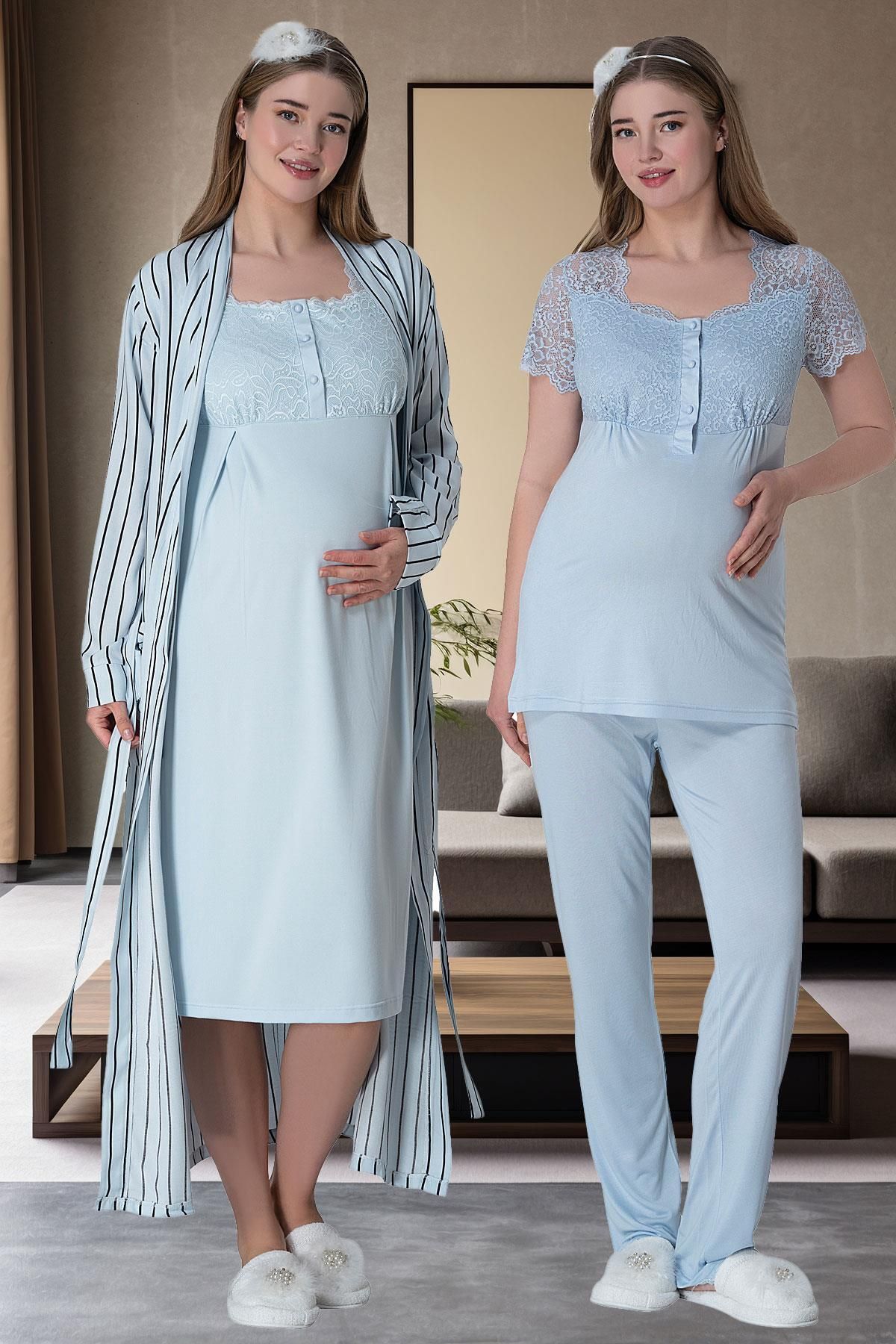 EM&FA TEKSTİL 6063 Pembe Çizgili Uzun Sabahlıklı Gecelik Pijama Lohusa Set