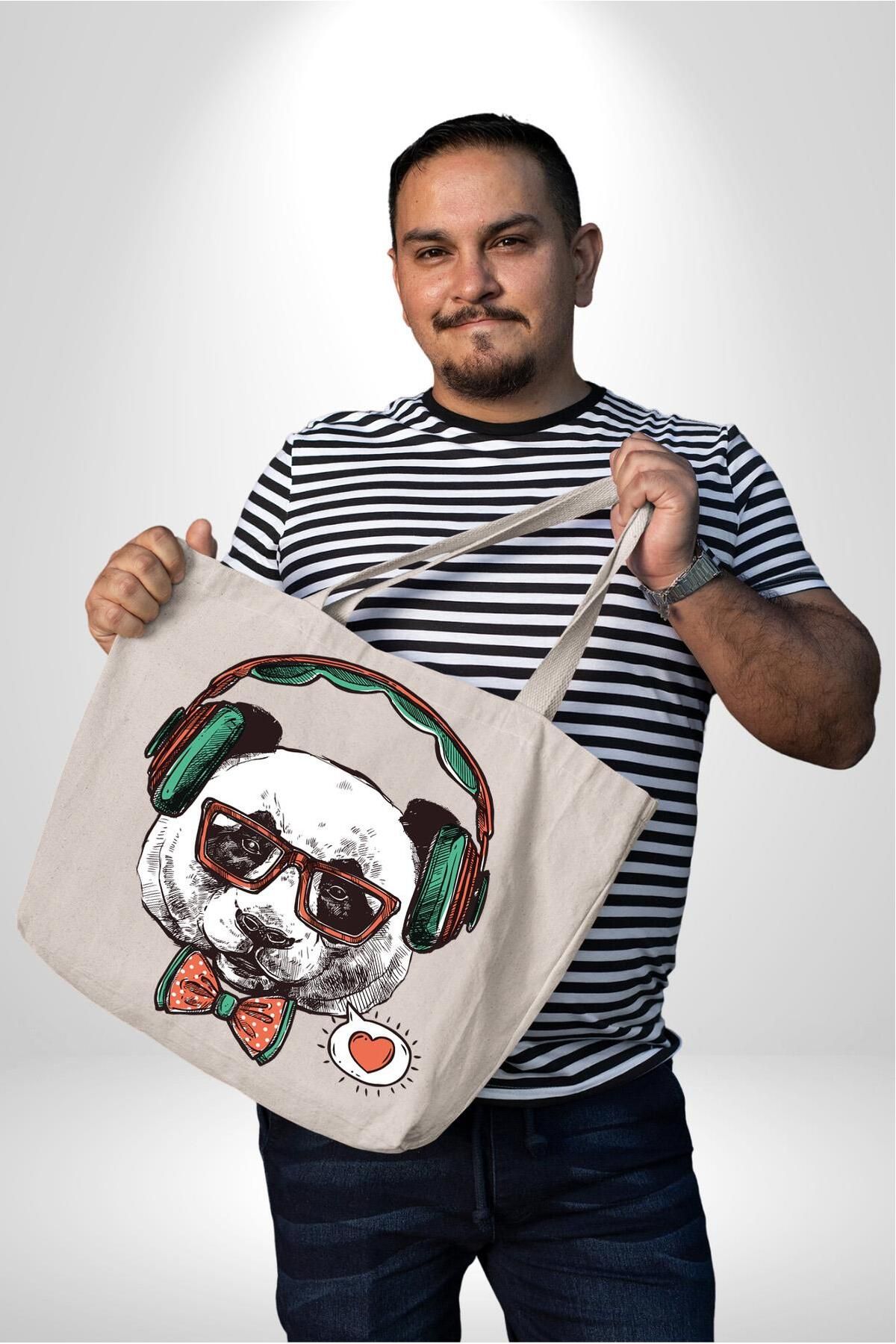 Angemiel-Portret hipster cu model panda - Geantă de pânză de dimensiuni mari, 47x36x8, cu gusset 4