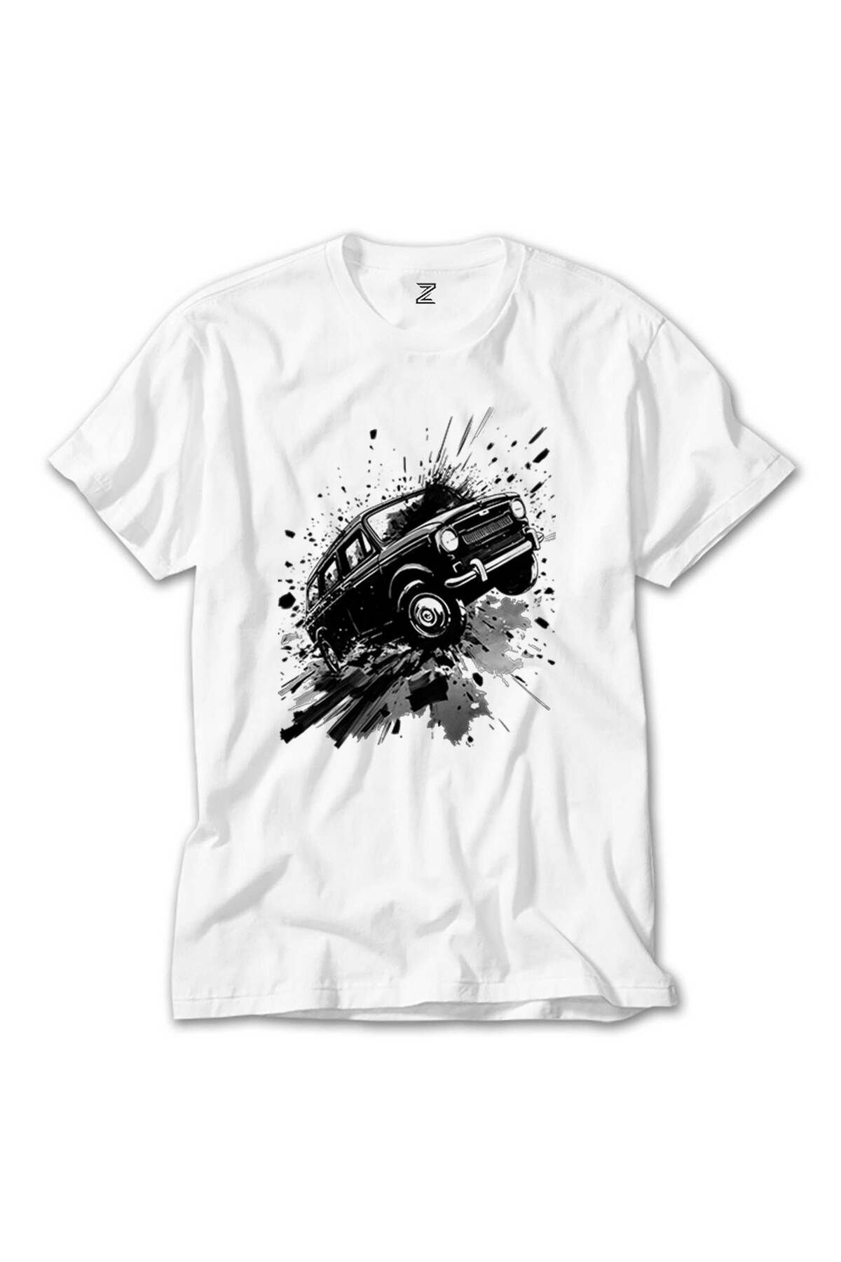 WAKHA Cartoonish Travelling Black Car Beyaz Tişört