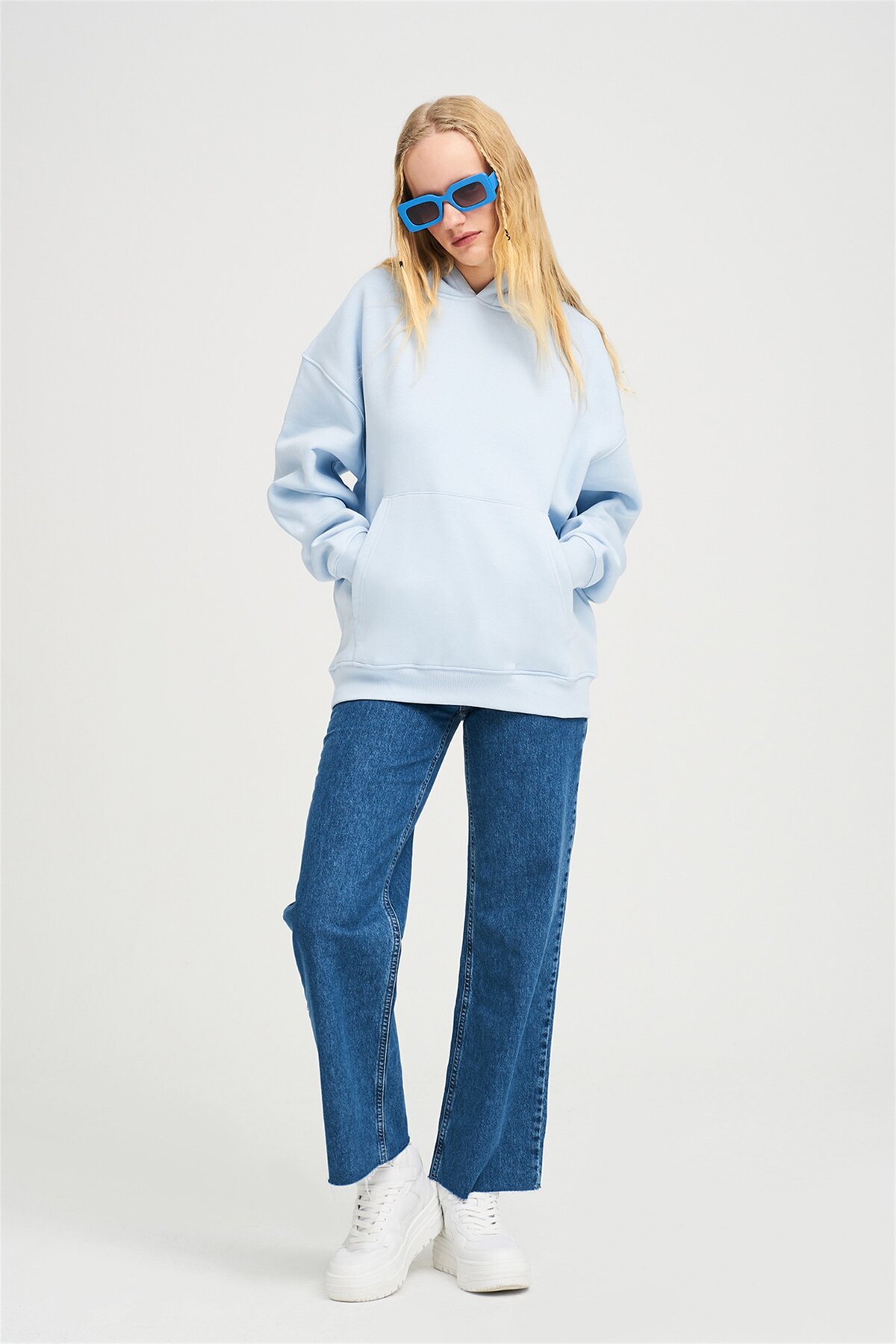 Co Trendiz Unisex Basic Sweatshirt Hoodie Açık Mavi görsel 3
