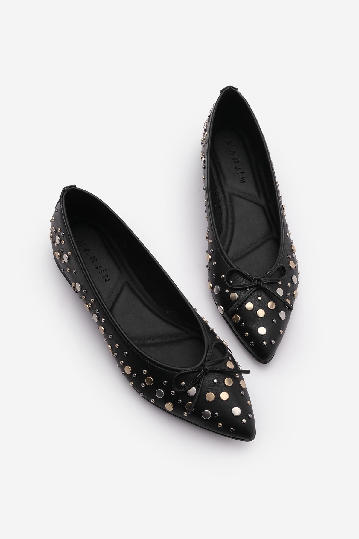 Marjin-Black Pointed Toe Studded Bow Casual Ballerinas 1