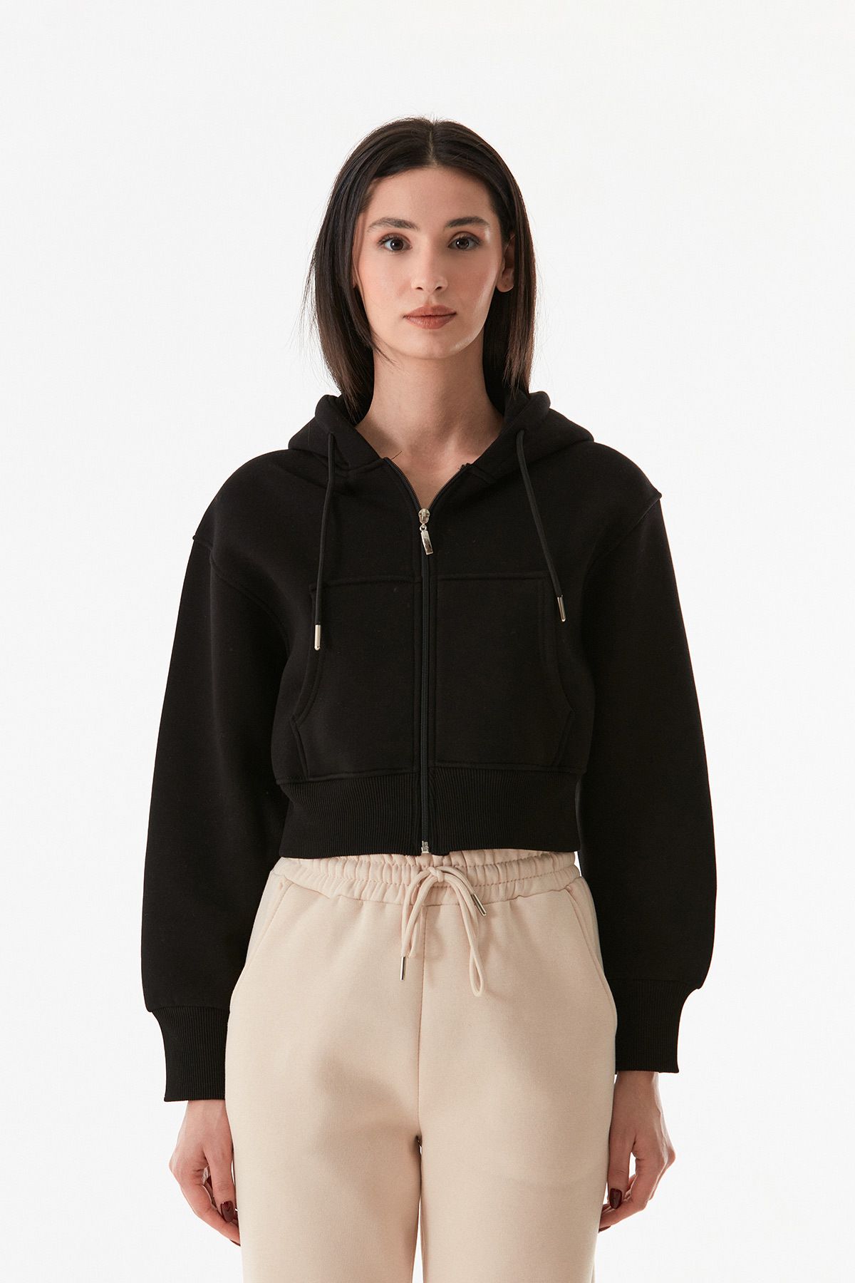 Fulla Moda-3 Yarn Basic Hooded Crop Sweatshirt 6