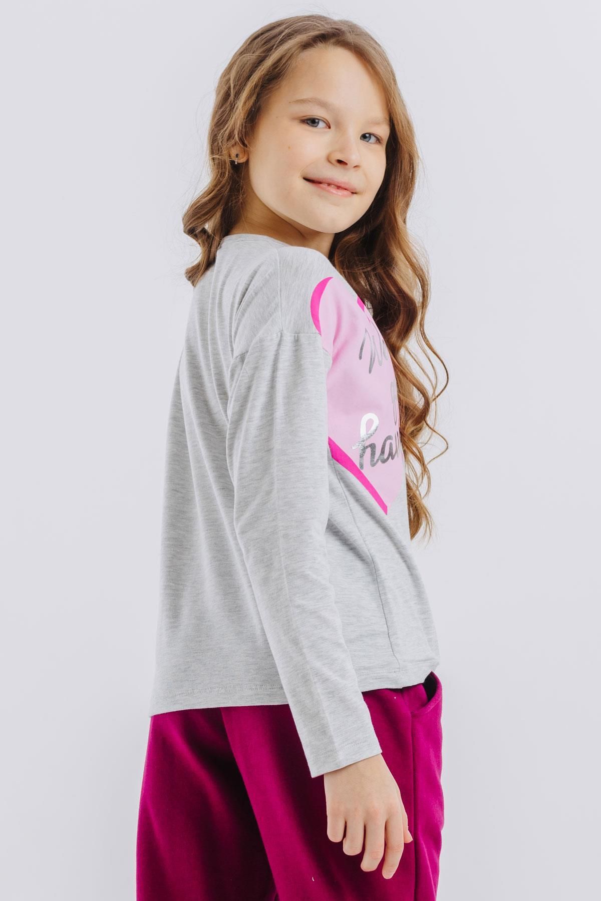 Breeze-Girl's Long Sleeve T-Shirt Gilded Text Printed Heart 6-12 Years, Light Gray Melange 3