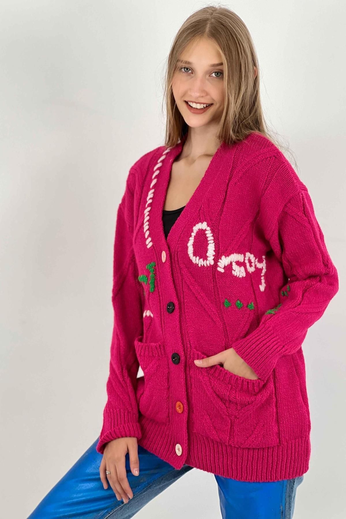 Miss Poem-Cardigan de tricotaj de bază cu nasturi, cu decolteu în V, supradimensionat, cu mânecă lungă 2