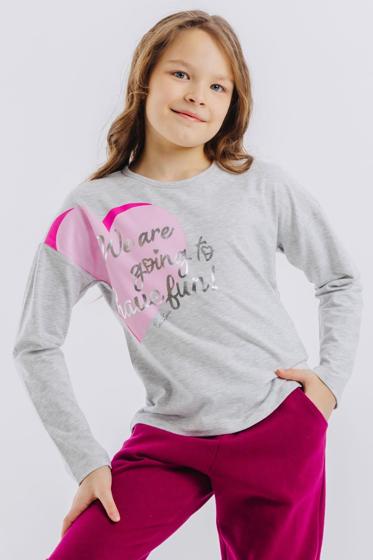 Breeze-Girl's Long Sleeve T-Shirt Gilded Text Printed Heart 6-12 Years, Light Gray Melange 1