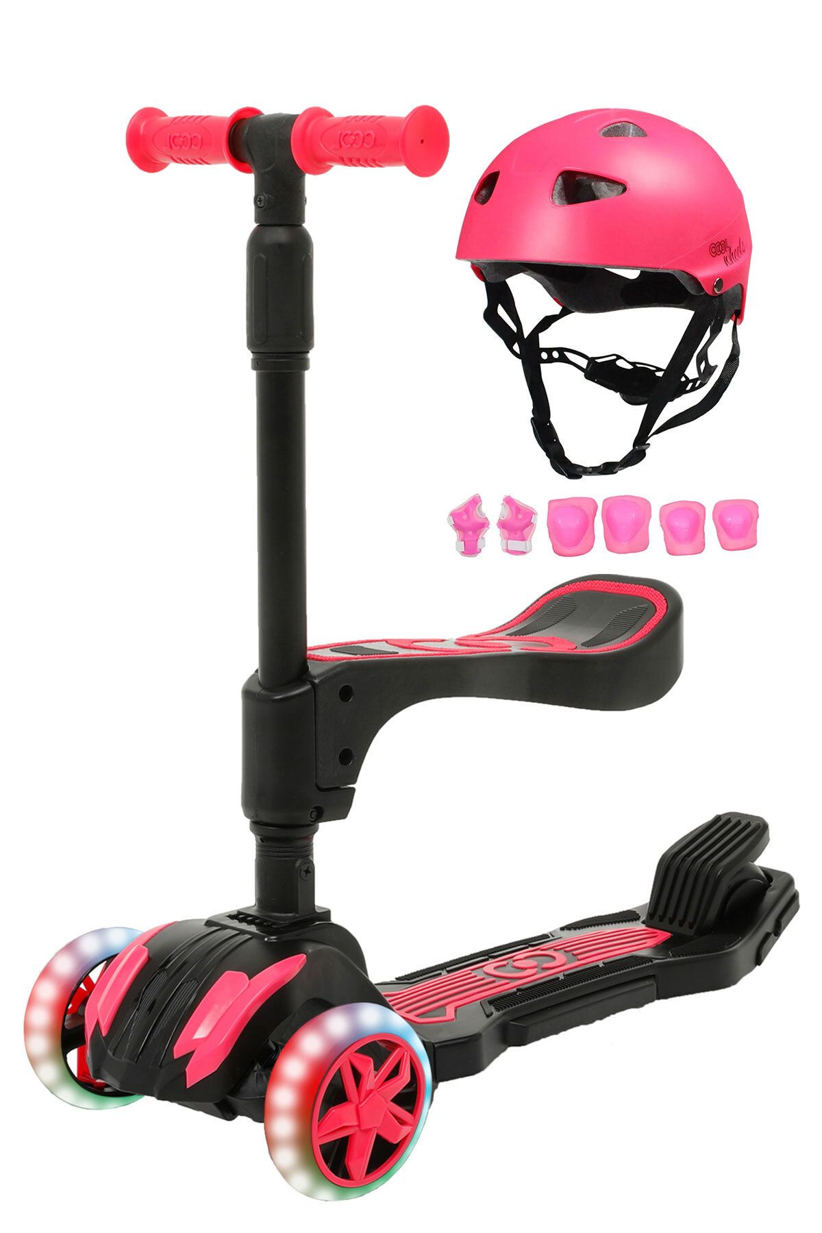 Cool Wheels Combo Işıklı Oturaklı Katlanır Scooter Pembe, Kask Dizlik Dirseklik Setli 3-7 Yaş