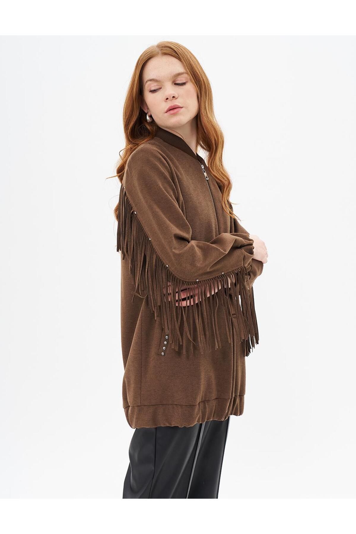 Kayra-Suede Jacket with Tassel Detail on the Back Brown 2