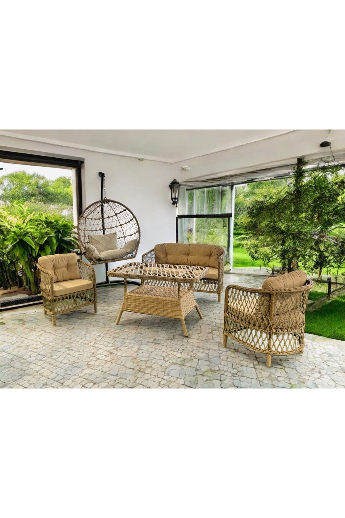 Tire 2 1 1 Masa Tekli Salıncak Bahçe Balkon Mobilyası,bambu-saman