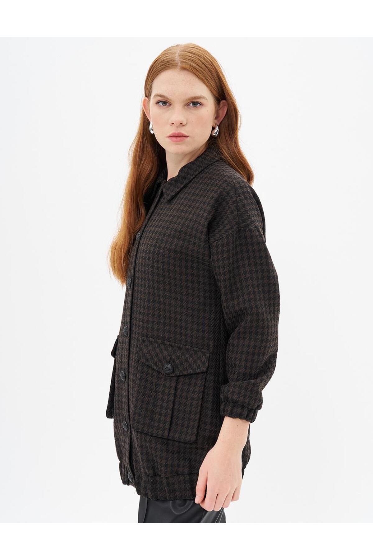 Kayra-Houndstooth Patterned Jacket with Bag Pockets - Dark Brown 3