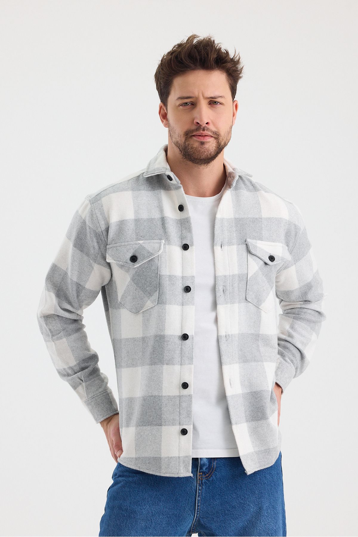 BLUE STREET-Men's Slim Fit Shirt Collar Buttoned Double Pocket Flap Lumberjack Plaid Shirt 2