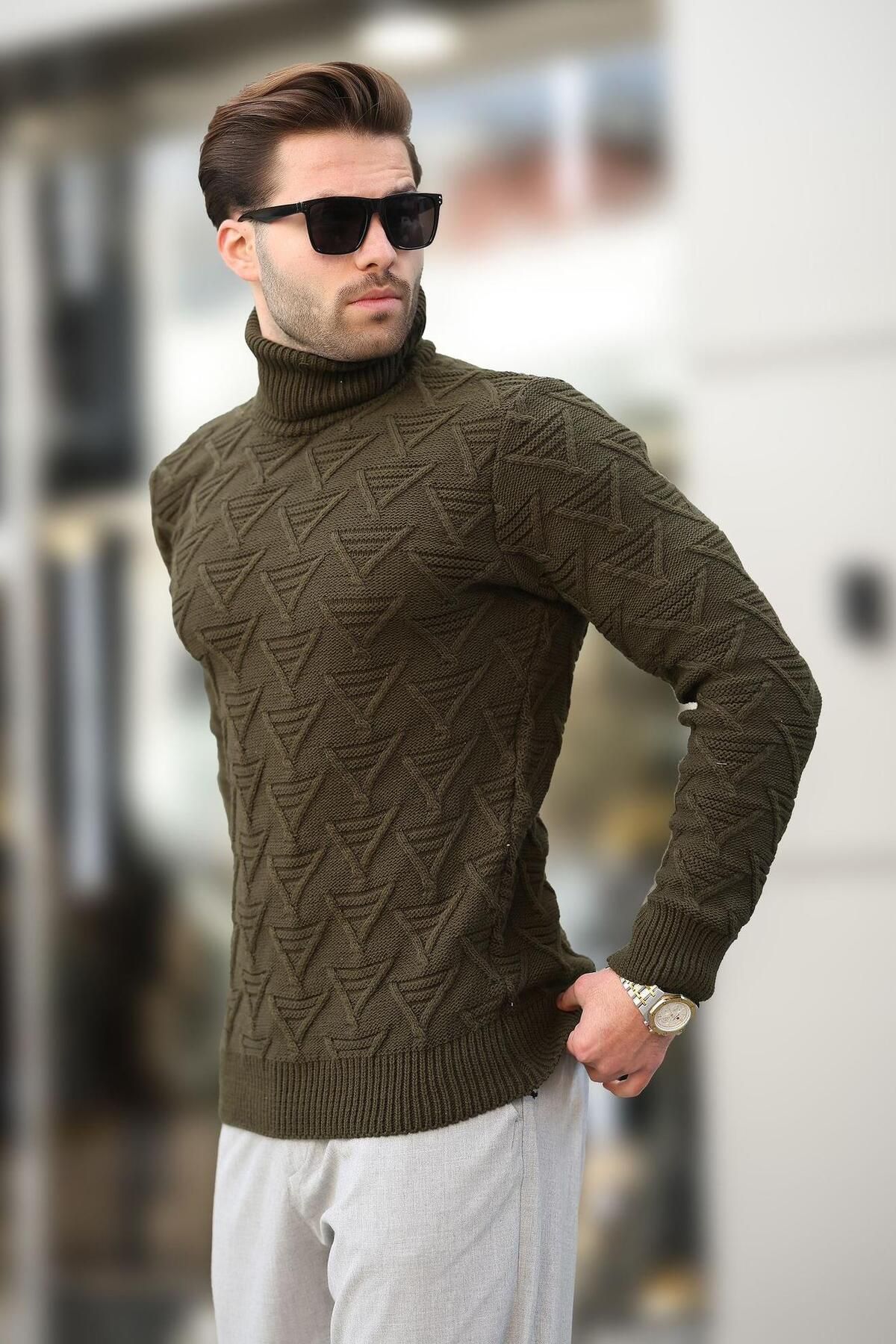 Madmext-Khaki Turtleneck Patterned Men's Sweater E7292 1