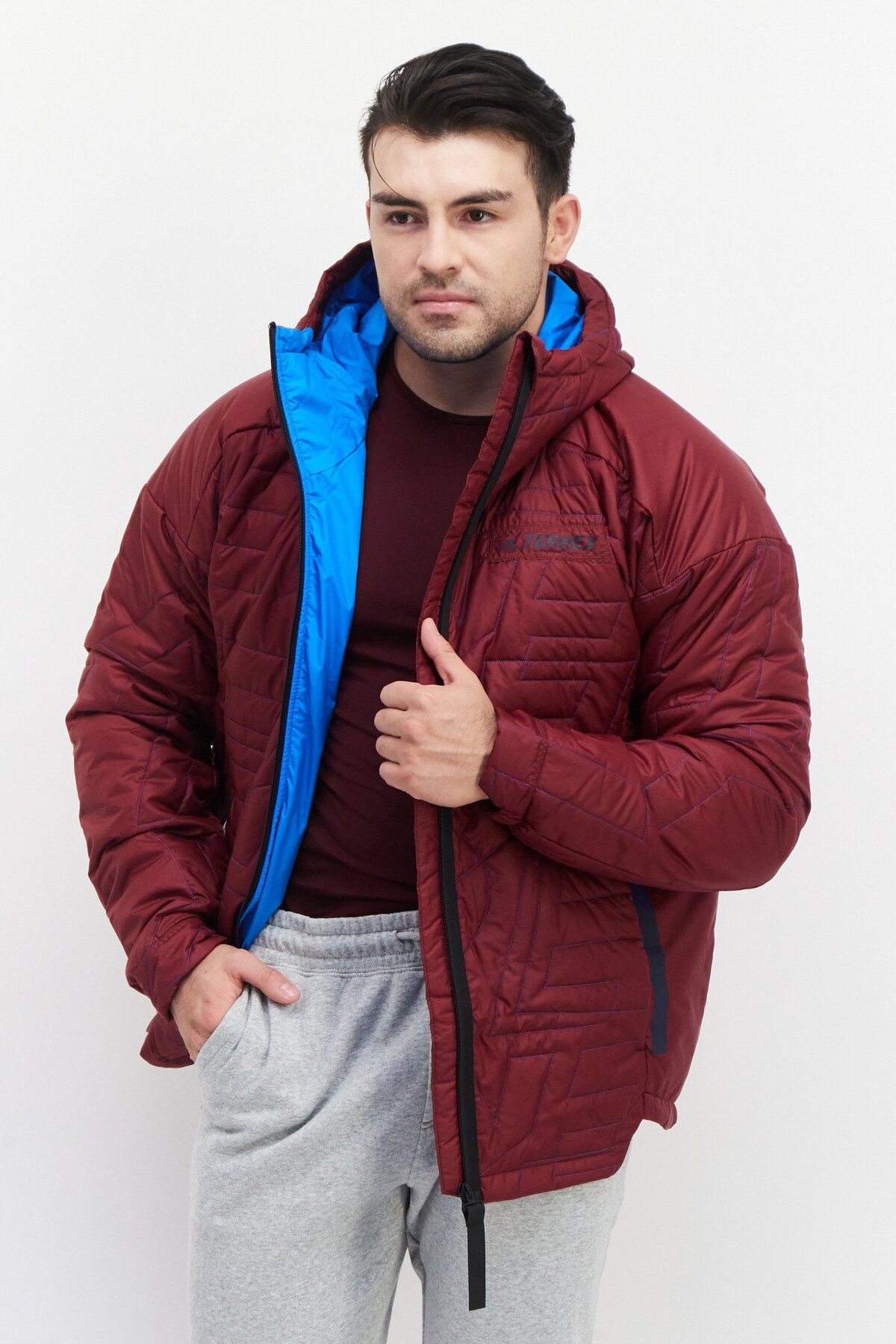 adidas-Men Sportswear Fit Terrex Primaloft Hooded Padded Hiking Jacket, Maroon 1