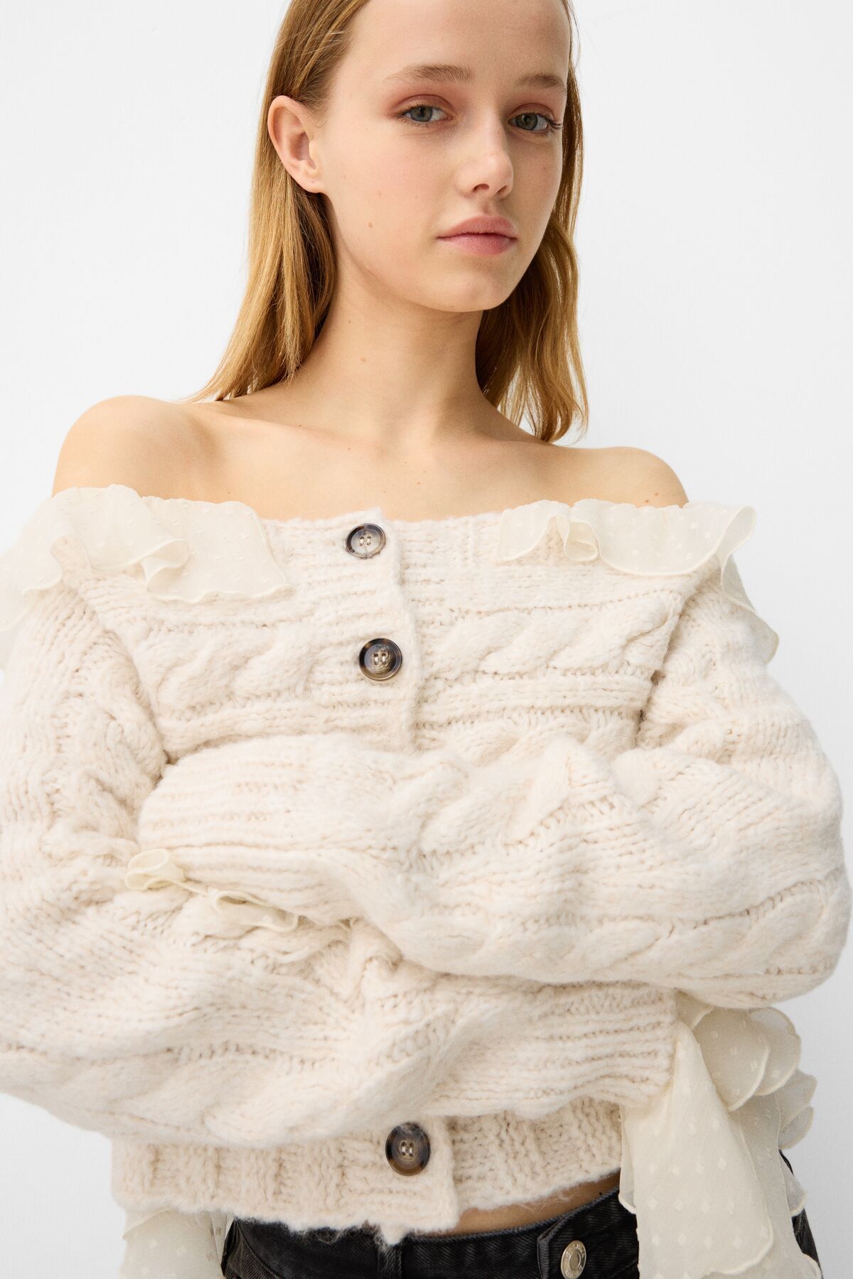 Bershka-Button Open Shoulder Hair Knitted Cardigan 4