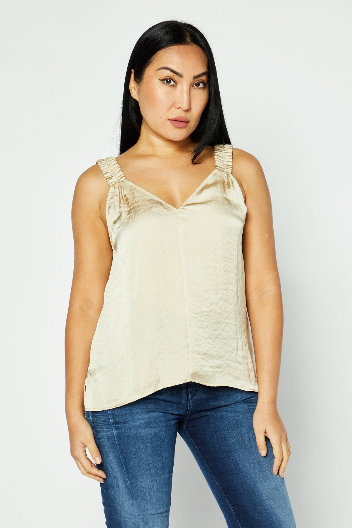 Dkny-Women V-Neck Sleeveless Plain Top, Beige 1