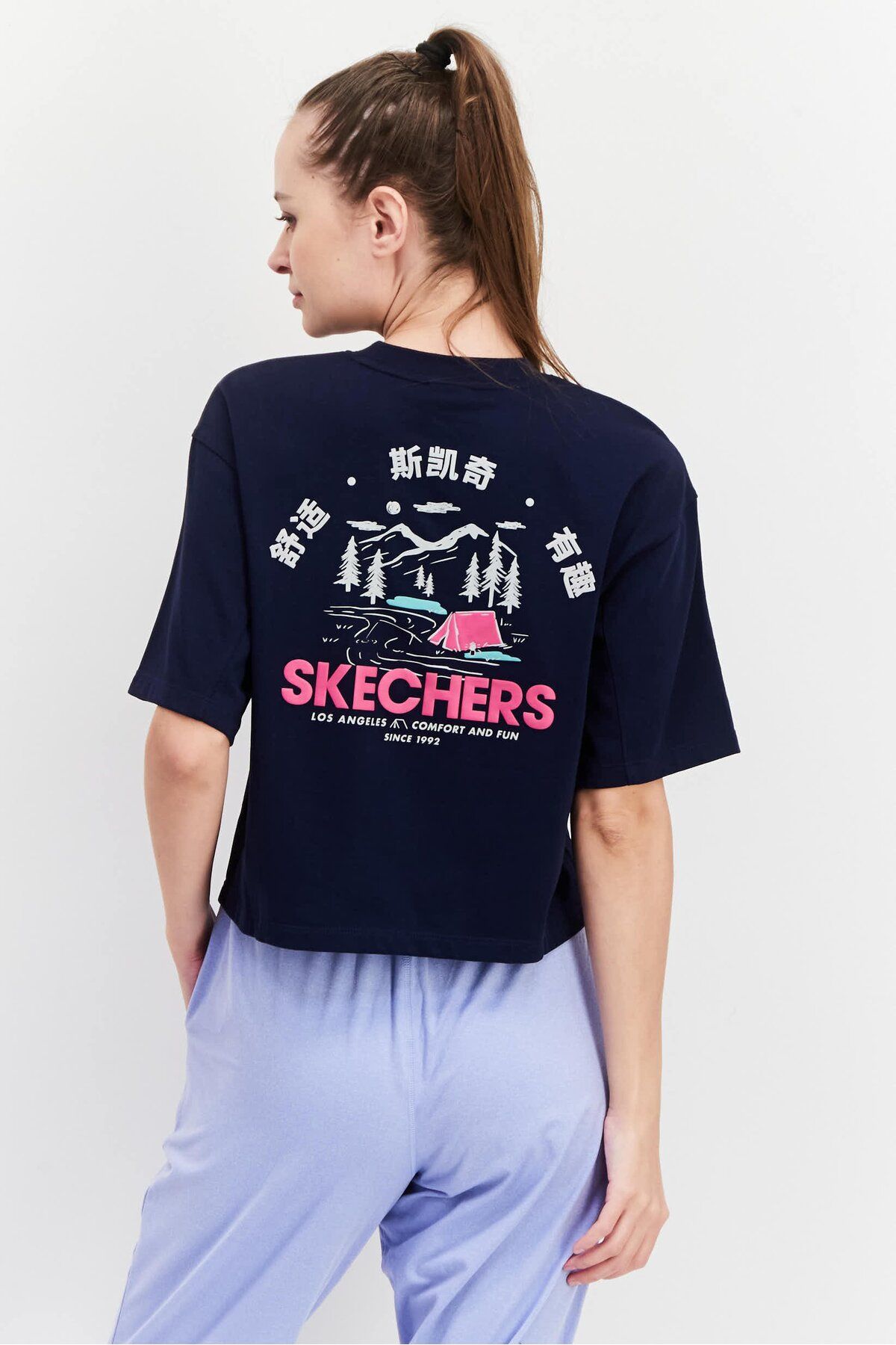 SKECHERS-Women Sportswear Fit Short Sleeve Training Top, Navy 2