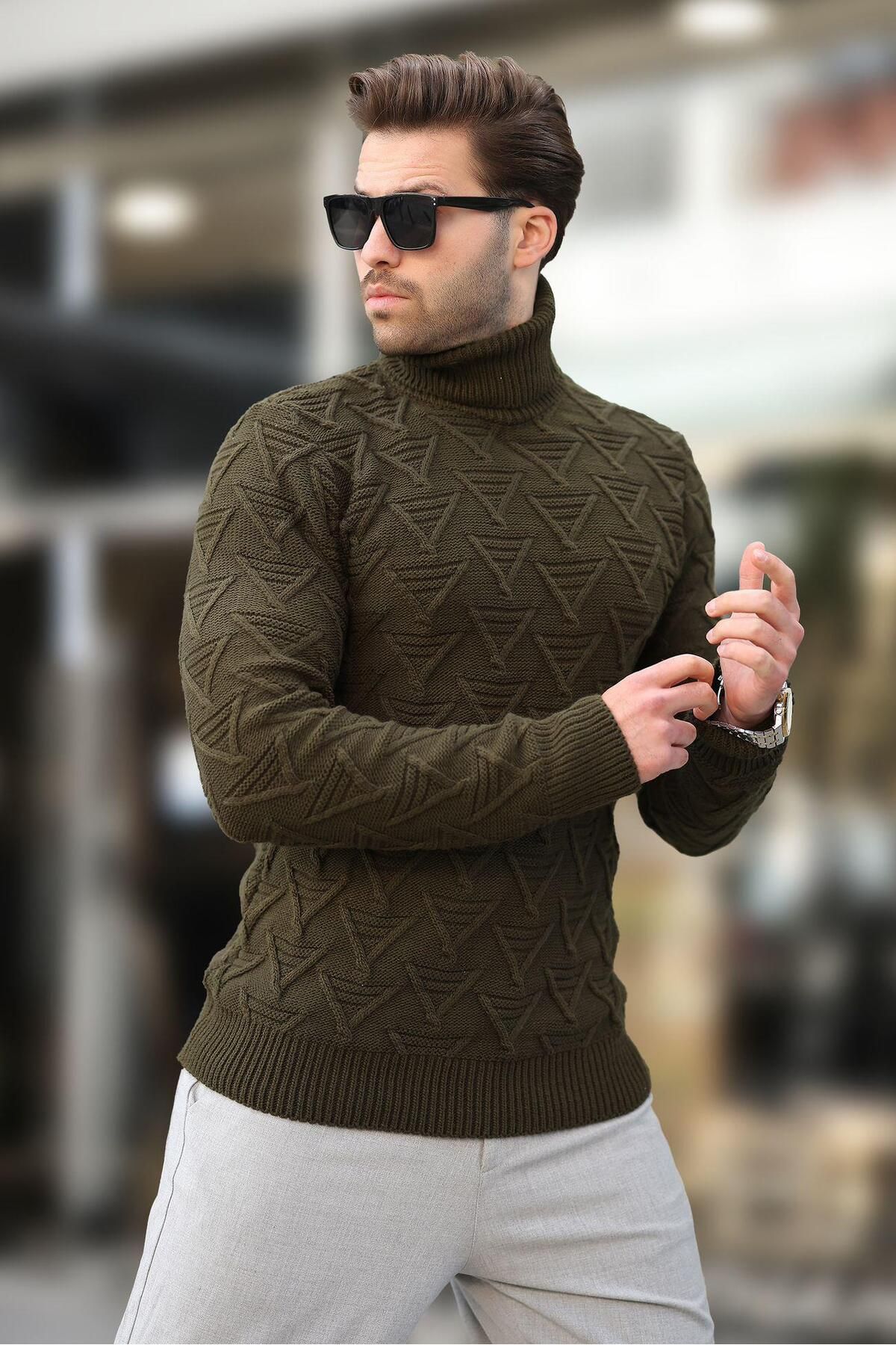 Madmext-Khaki Turtleneck Patterned Men's Sweater E7292 2