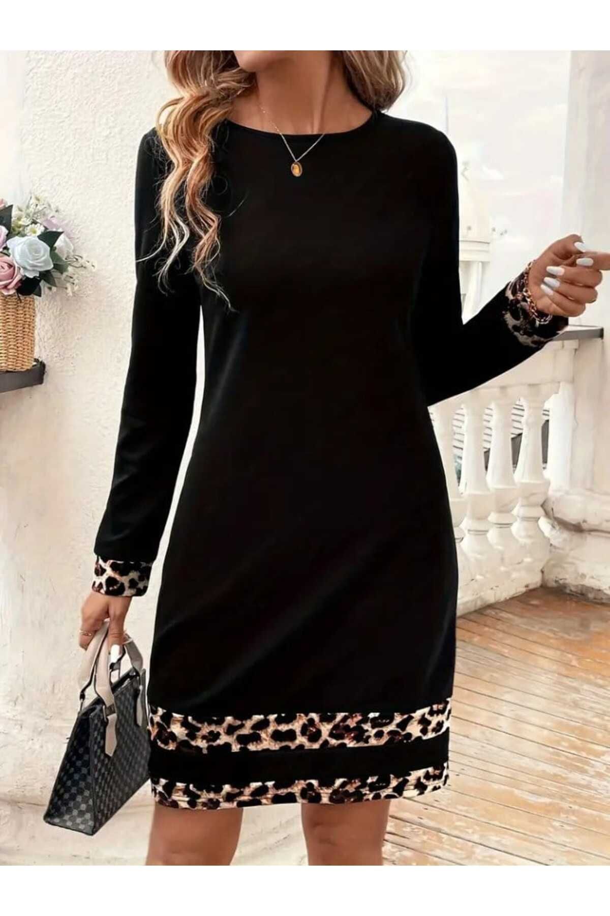womens leopard stripe long sleeve dress robe à manches longues à rayures léopard
