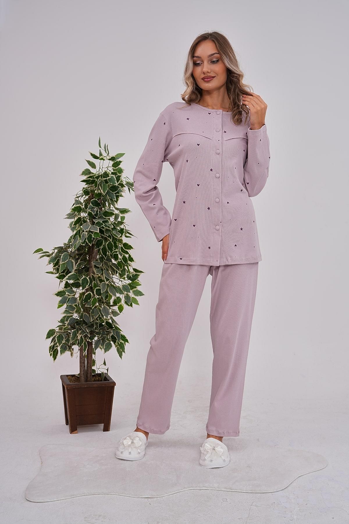 Mecit Pijama-Long Sleeve 100% Cotton Length Buttoned Print Oversize Women's Pajamas Set 1