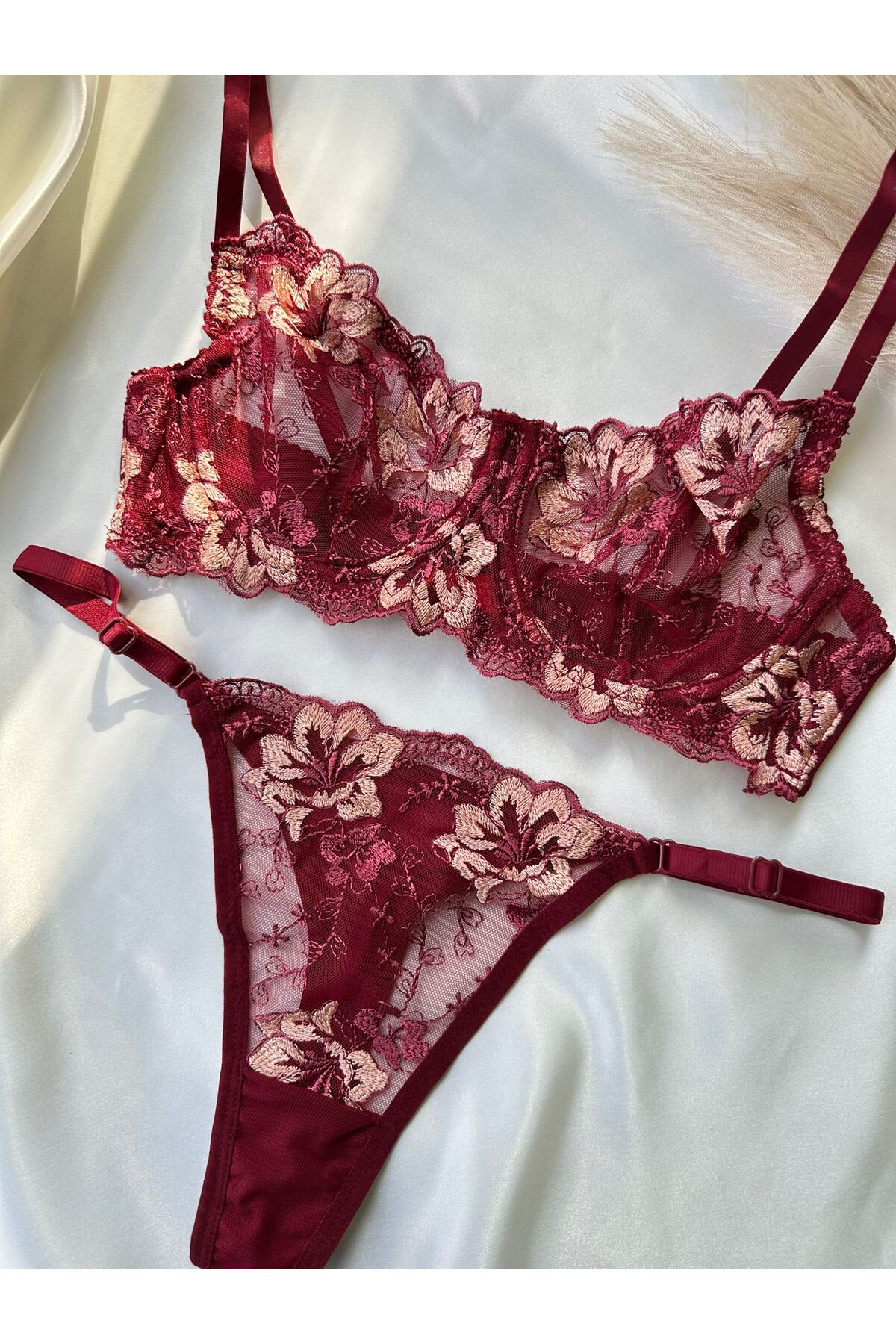 dem merys  Bordo Çiçekli Balenli Sütyen Takımı - Görsel 6