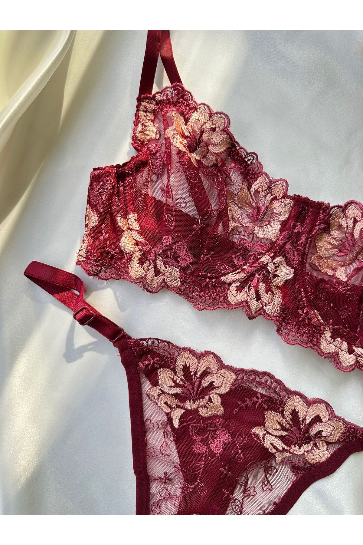 dem merys  Bordo Çiçekli Balenli Sütyen Takımı - Görsel 2