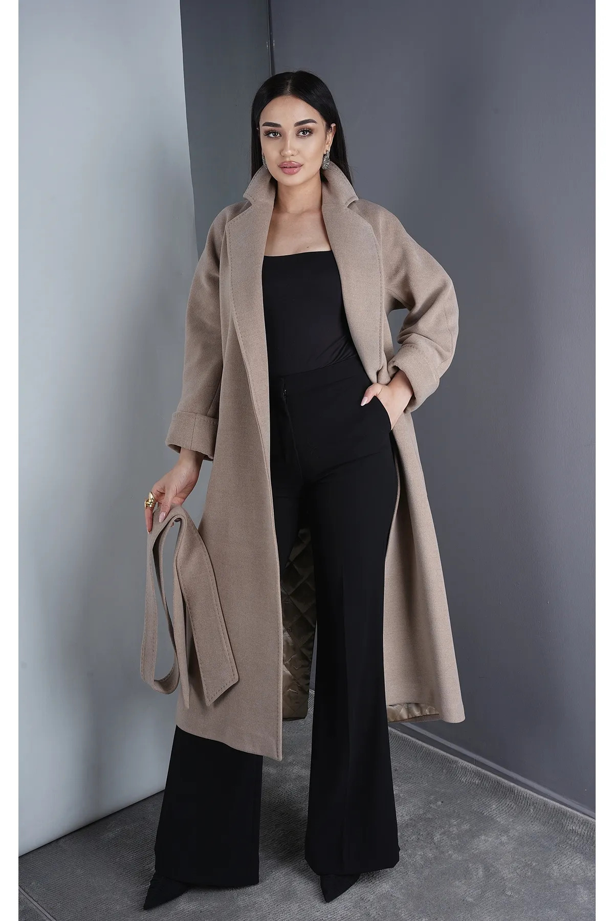 Eccim Fashion  Kruvaze Yaka Kemerli Uzun Kaşmir Kadın Palto Kaban - Görsel 2