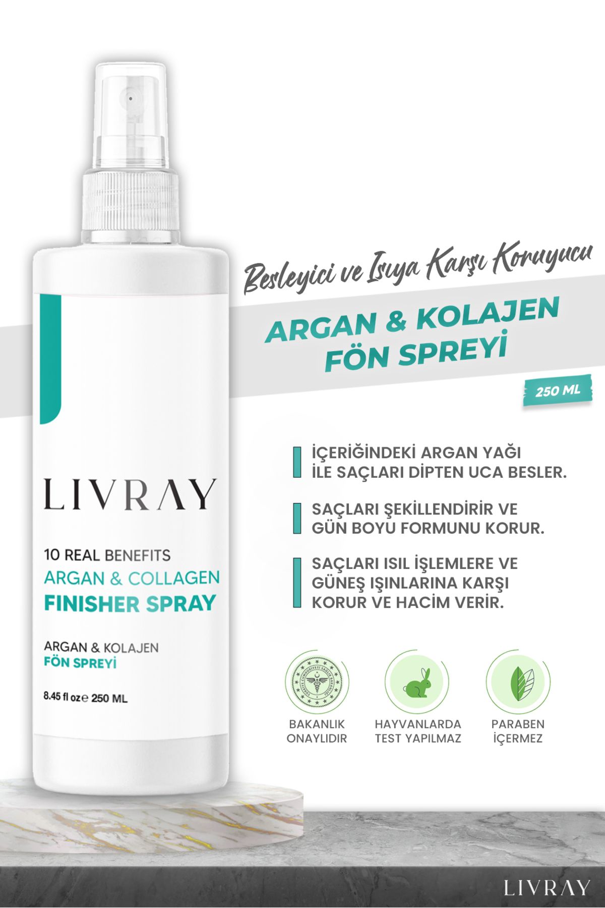 Livray Argan & Kolajen Fön Spreyi - Isıya Ve Güneşe Karşı Koruyucu Saç Spreyi (250 ML)