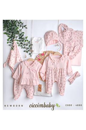 ciccimbaby Yenidoğan 10’lu Kız Bebek Seti - Pembe Çiçekli Fırfırlı Organik Ha...