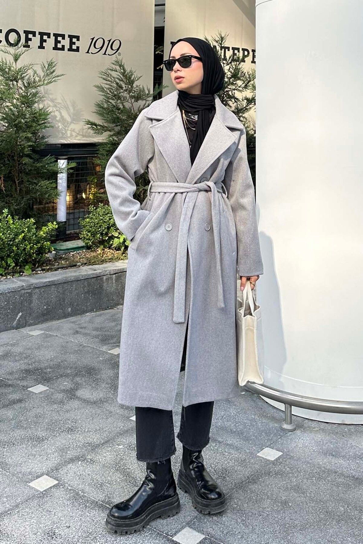 lamelif-Gray Stamp Coat - Belted and Filleted Pockets 1