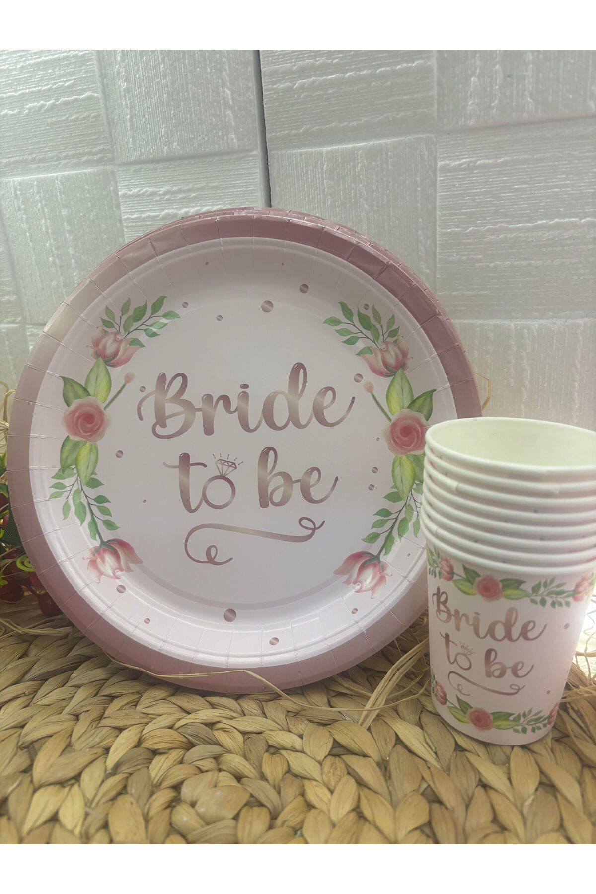 Deniz Party Store Bride To Be Çiçekli Pembe Tabak Bardak Set 8 Kişilik