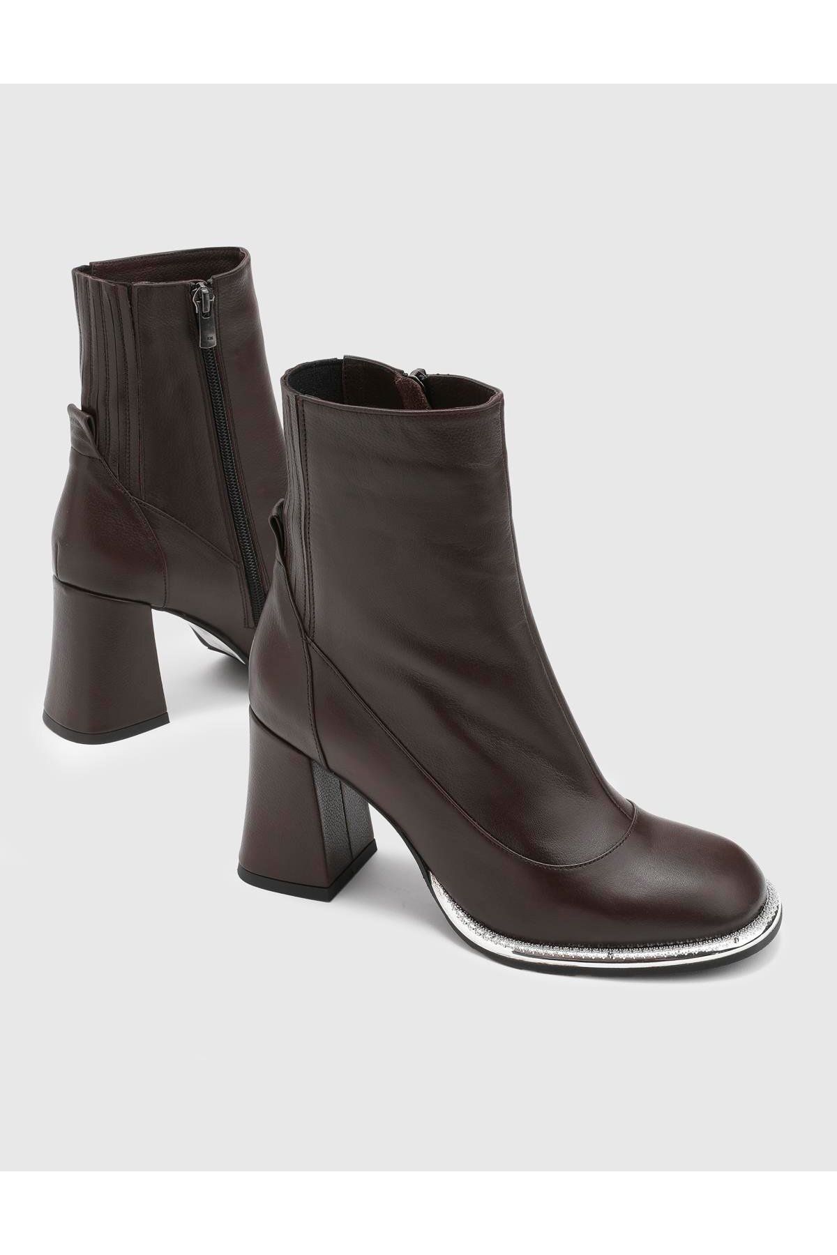 İLVİ-Japie Genuine Leather Women's Brown Heeled Boots 2