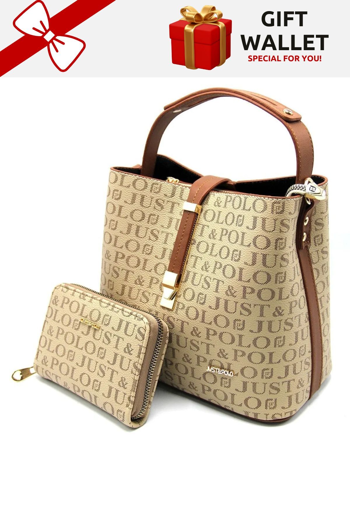 Women's Mink Tan Lock Detailed Wallet Bag Combination