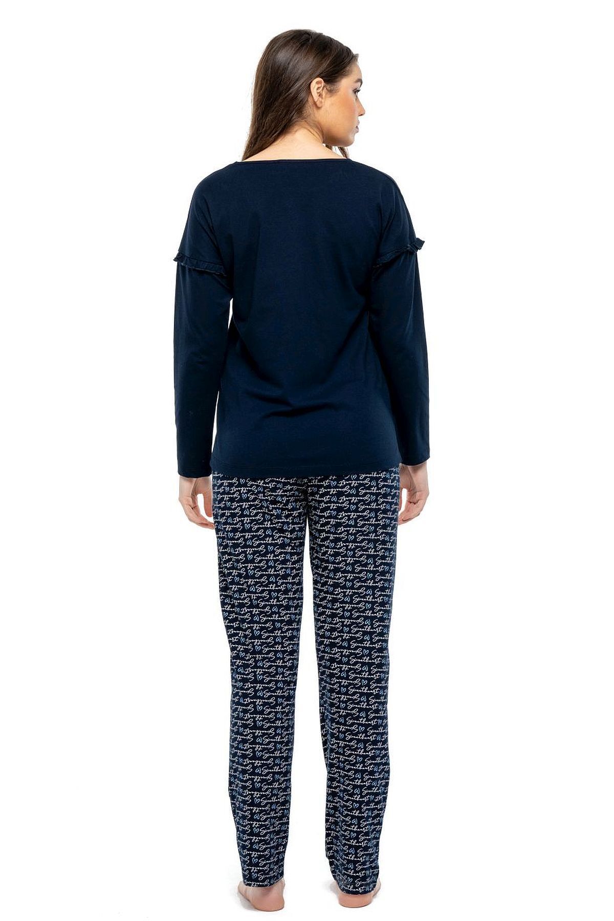 Mod Collection-3960 Women's Navy Blue Round Collar Long Sleeve Pajama Set - Navy Blue 2