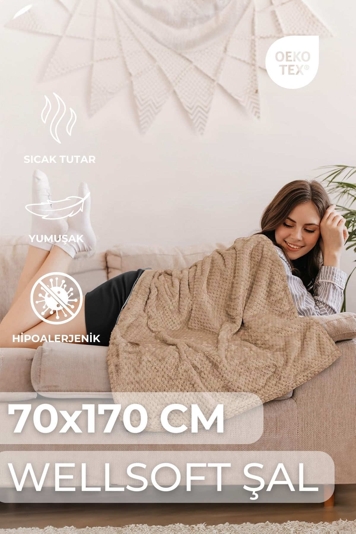 LADYNİL-Şal Wellsoft Bej - Cald, Moale şi Certificat Oeko-tex, 70x170 Cm Confort hipoalergenic 1