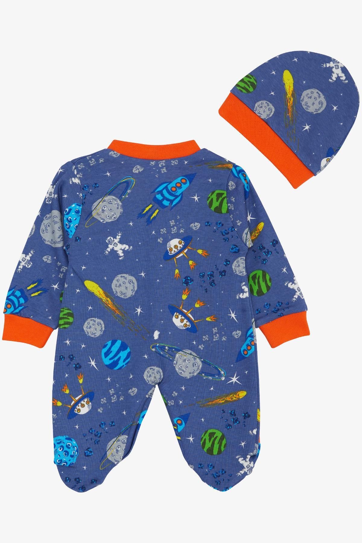 Breeze-0-6 Months Baby Boy Jumpsuit with Booties - Space Themed Pattern, Dark Blue 2