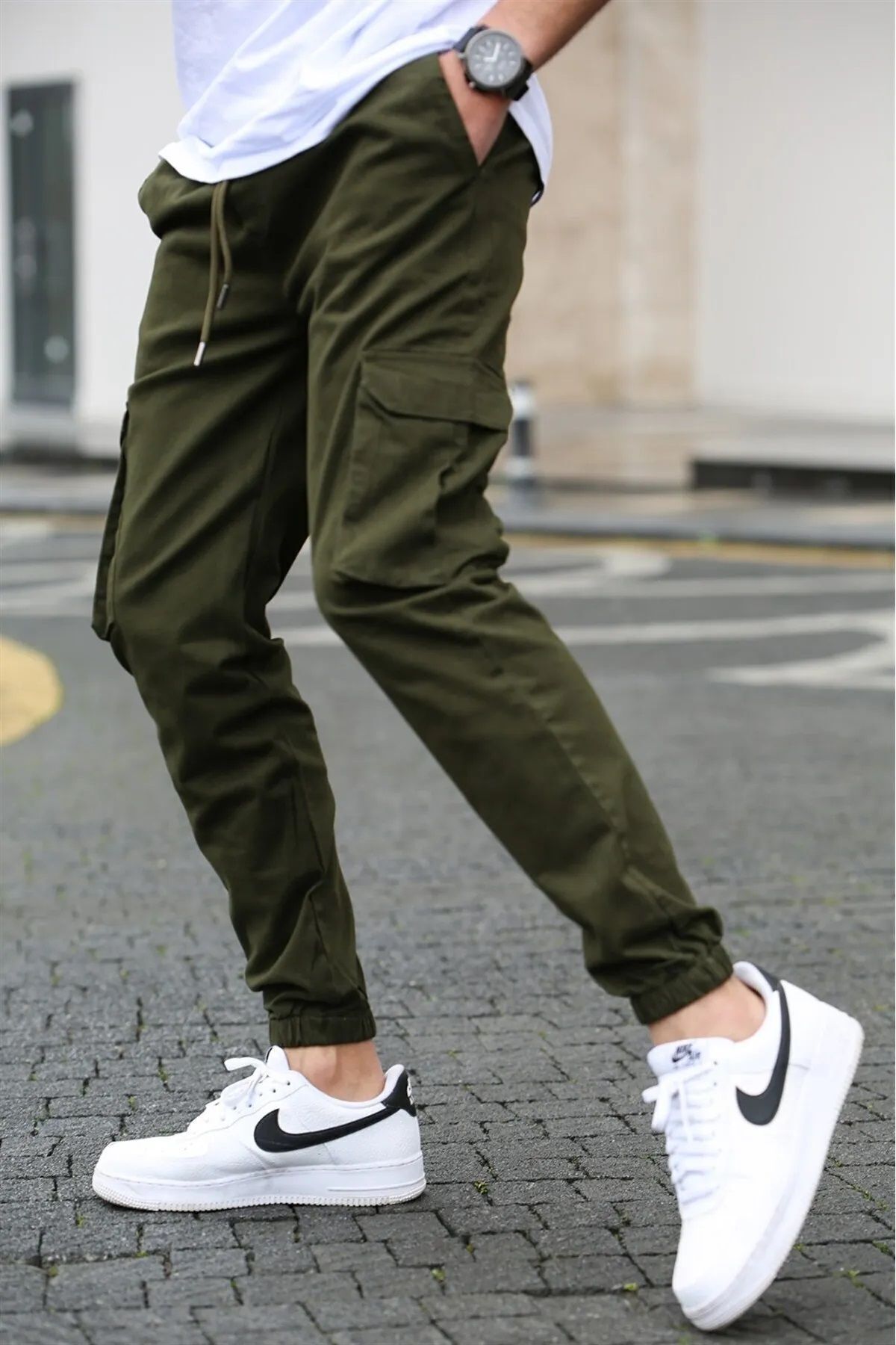 SERAZAT-Men's Khaki Green Cargo Pocket Pants 2